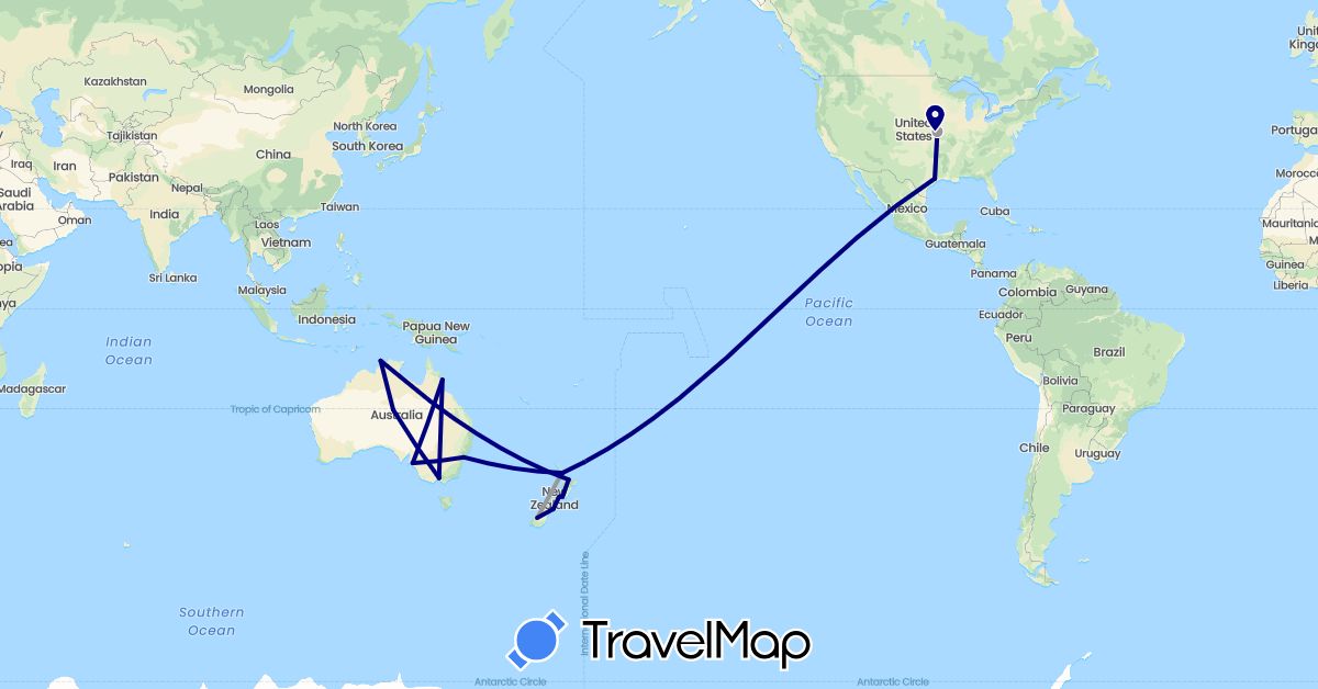 TravelMap itinerary: driving, plane in Australia, New Zealand, United States (North America, Oceania)